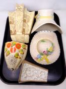 A tray containing five 20th century ceramic wall pockets to include crown Devon ware,