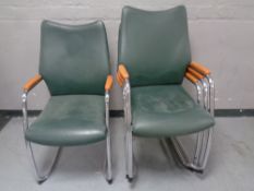 A set of four tubular metal green vinyl upholstered office armchairs (4)