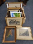 A box containing a quantity of continental school pictures and prints to include antique black and