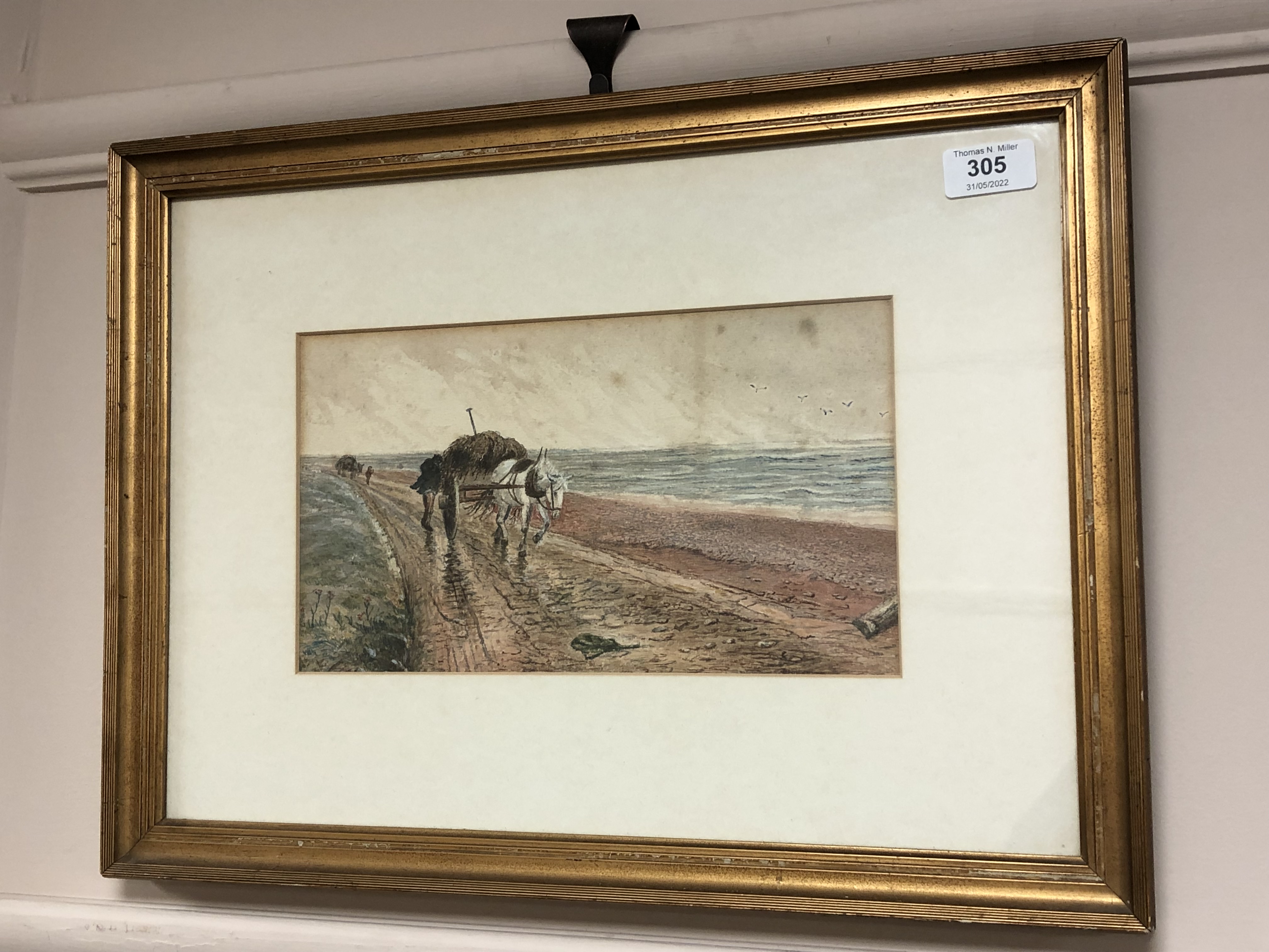 Early Twentieth Century School : Horses and Carts Crossing a Causeway in Windy Weather, watercolour,