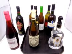 A tray containing eight assorted bottles of wine to include Hardys,