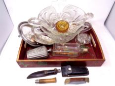 A wooden tray of assorted plated wares, ship in bottle, glass bowls,