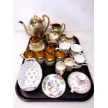 A tray of assorted ceramics, Japanese coffee service, antique Wedgwood coffee cans,