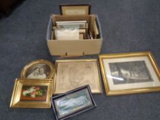 A box containing a quantity of continental school pictures and prints to include antiquarian black