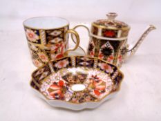 A Royal Crown Derby Imari patterned miniature teapot (height 7.5 cm), a coffee cup (height 5.