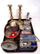 A tray of miscellany to include brass and plated candlesticks,