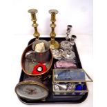 A tray of miscellany to include brass and plated candlesticks,