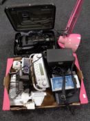 A box containing assorted electricals to include DVD player, Roberts DAB radio,