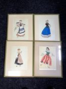 A set of four signed Maida Harris prints depicting female figures in French Yugoslav and Finnish