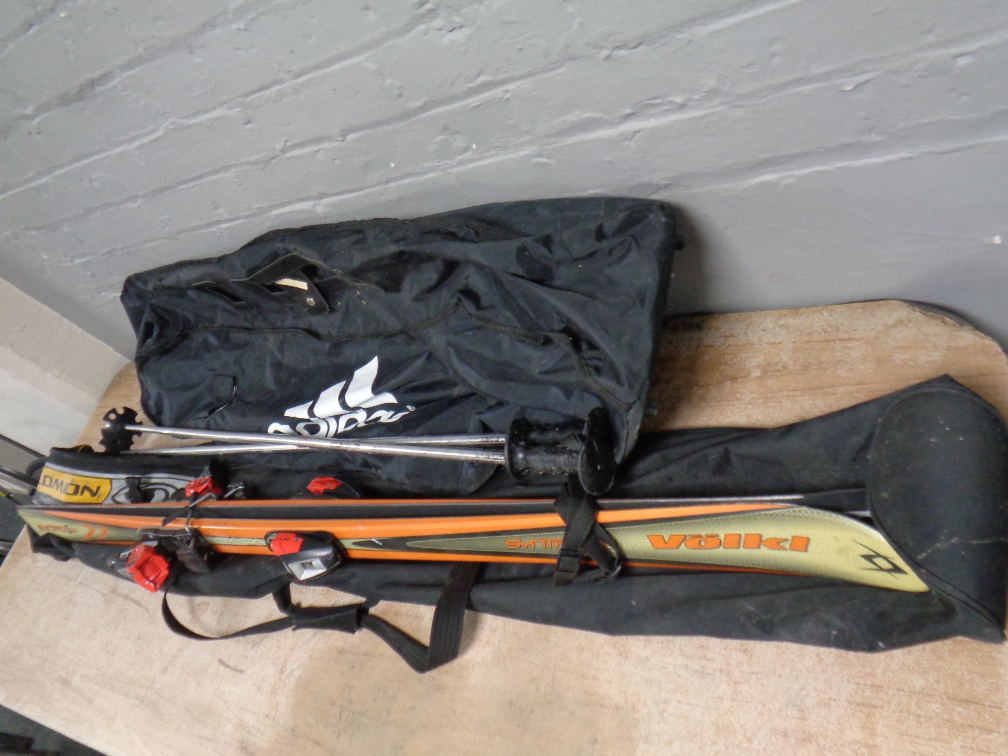 A pair of Syntro skies in carry bag with ski poles