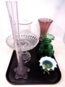 A tray containing assorted glassware to include a Victorian handkerchief bowl on stand,