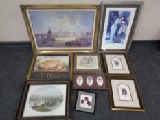 Nine assorted framed prints to include William Holman Hunt's Isabella and the Pot of Basil etc