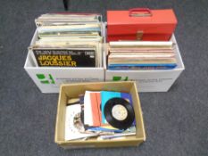 Three boxes of vinyl LP's and 7" singles to include easy listening, world music,