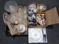 Two boxes containing assorted glass ware, ceramics, sewing threads, buttons,