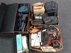 Three boxes of camera bags, video camera, transistor radio, leads,