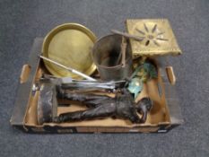 A box of miscellaneous to include large spelter figure of a man, antique brass trivet, brass tray,