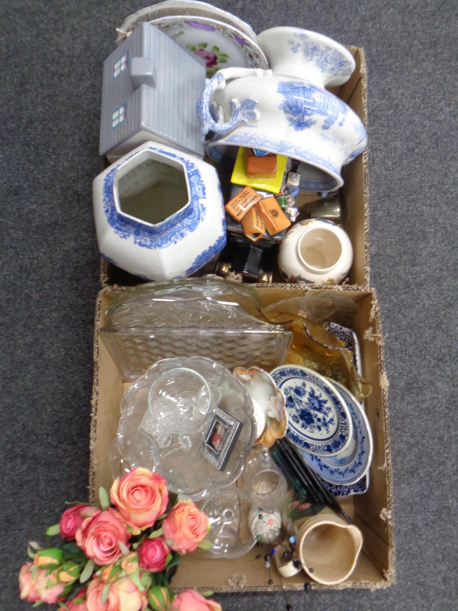 Two boxes containing assorted glassware Ringtons teapot, Delft plate,