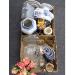 Two boxes containing assorted glassware Ringtons teapot, Delft plate,