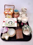 A tray of assorted ceramics to include Mason's Chartreuse, Denby stoneware William IV decanter,