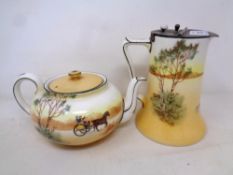 A Royal Doulton coaching scenes teapot and similar hunting scene lidded drinking vessel (2)