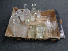 A box containing a large quantity of assorted cut glass and lead crystal to include ships decanter,