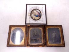 Three 19th century Daguerreotype portraits in frames together with a piano key miniature depicting
