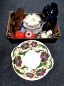 A 19th century Foley Faience washbowl together with a box containing antique and later dinner