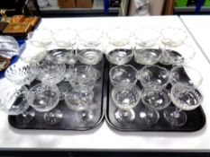 Two trays containing a quantity of vintage champagne glasses
