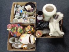 Three boxes of assorted ceramics to include table centre pieces, Rumtopf storage jar, Maling jug,