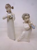 A Lladro cherub with flute and a further figure of a girl (a/f)