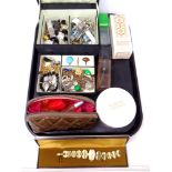 A tray of bag and jewellery box containing a quantity of costume jewellery, lady's wristwatch,