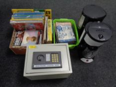 A digital safe together with two coffee maker's and two further boxes containing vintage magazines