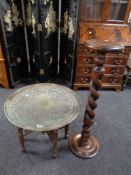 A barley twist beech torchere together with an Islamic brass topped circular table