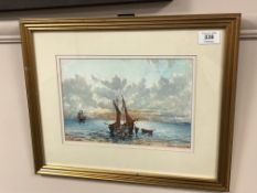 J A Wilkinson : Selling the Night's Catch, watercolour, signed, dated '87, 18 cm x 26 cm, framed.