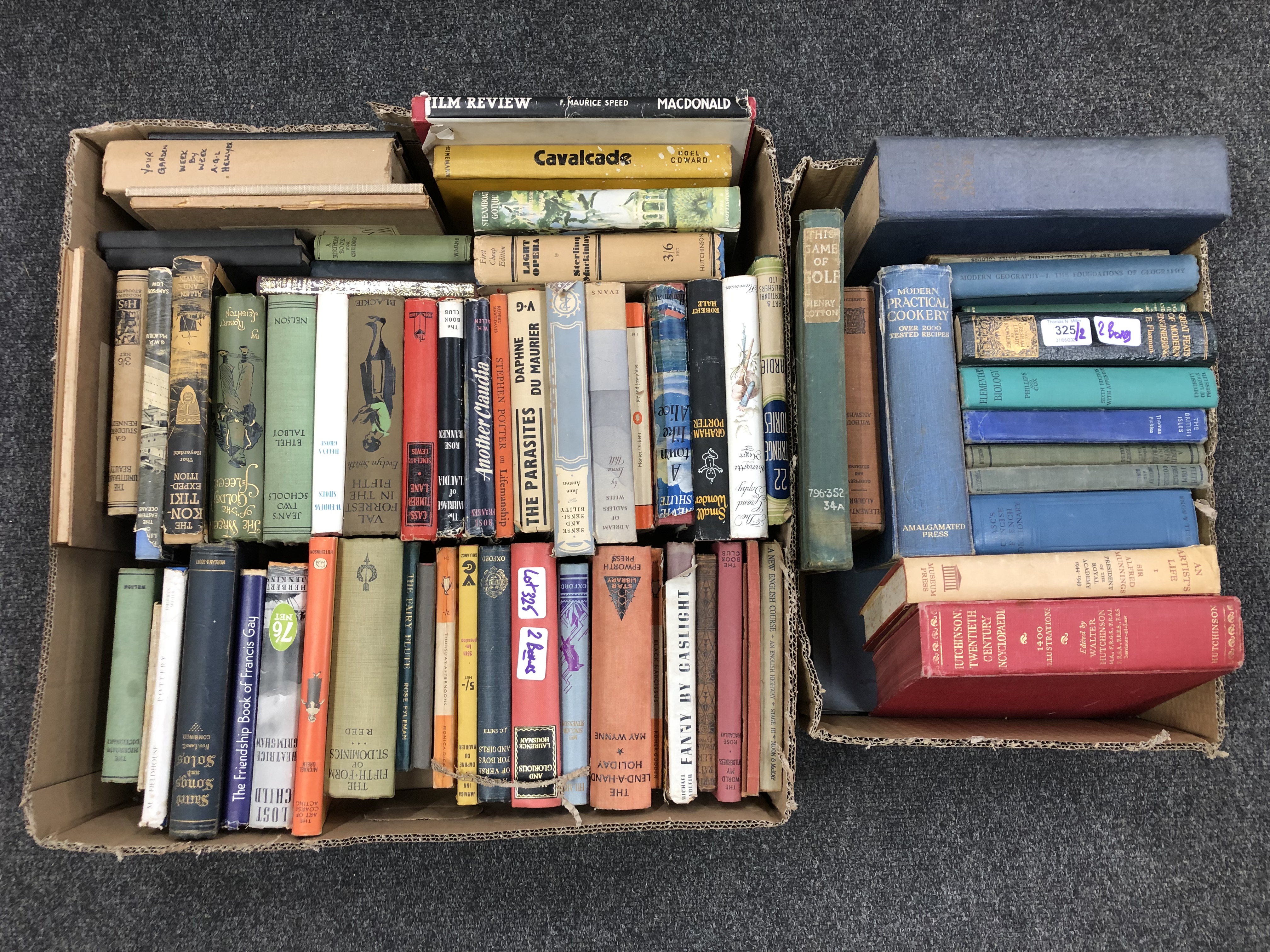 Two boxes of 20'th Century books : Reference and fiction, varying subjects/authors.