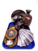 A tray containing miscellanea to include Japanese cloisonne vase, a metal shell dish,