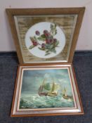 An antique hand-painted ceramic panel in frame together with an oil on canvas of a boat in choppy