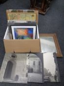 A box containing continental school pictures and prints to include framed collage, map,
