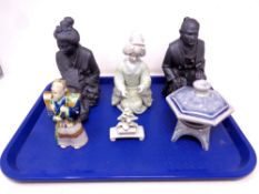 A tray containing oriental figures and ceramics to include seated Geisha, Japanese warrior,