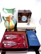 A tray containing assorted collector's plates, pair of boxed Royal Doulton crystal champagne flutes,