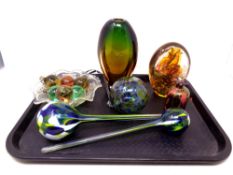 A tray containing assorted glassware to include glass vase and paperweight, glass baubles,