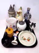 A tray of antique and later ceramics to include a Beswick sheep dog, baby plate,