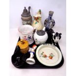 A tray of antique and later ceramics to include a Beswick sheep dog, baby plate,