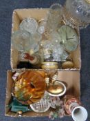 Two boxes containing a quantity of assorted glass ware, decanters, table lamp with glass drops,