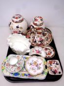 A tray of assorted ceramics to include Royal Crown Derby Derby Posies dishes,