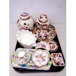 A tray of assorted ceramics to include Royal Crown Derby Derby Posies dishes,