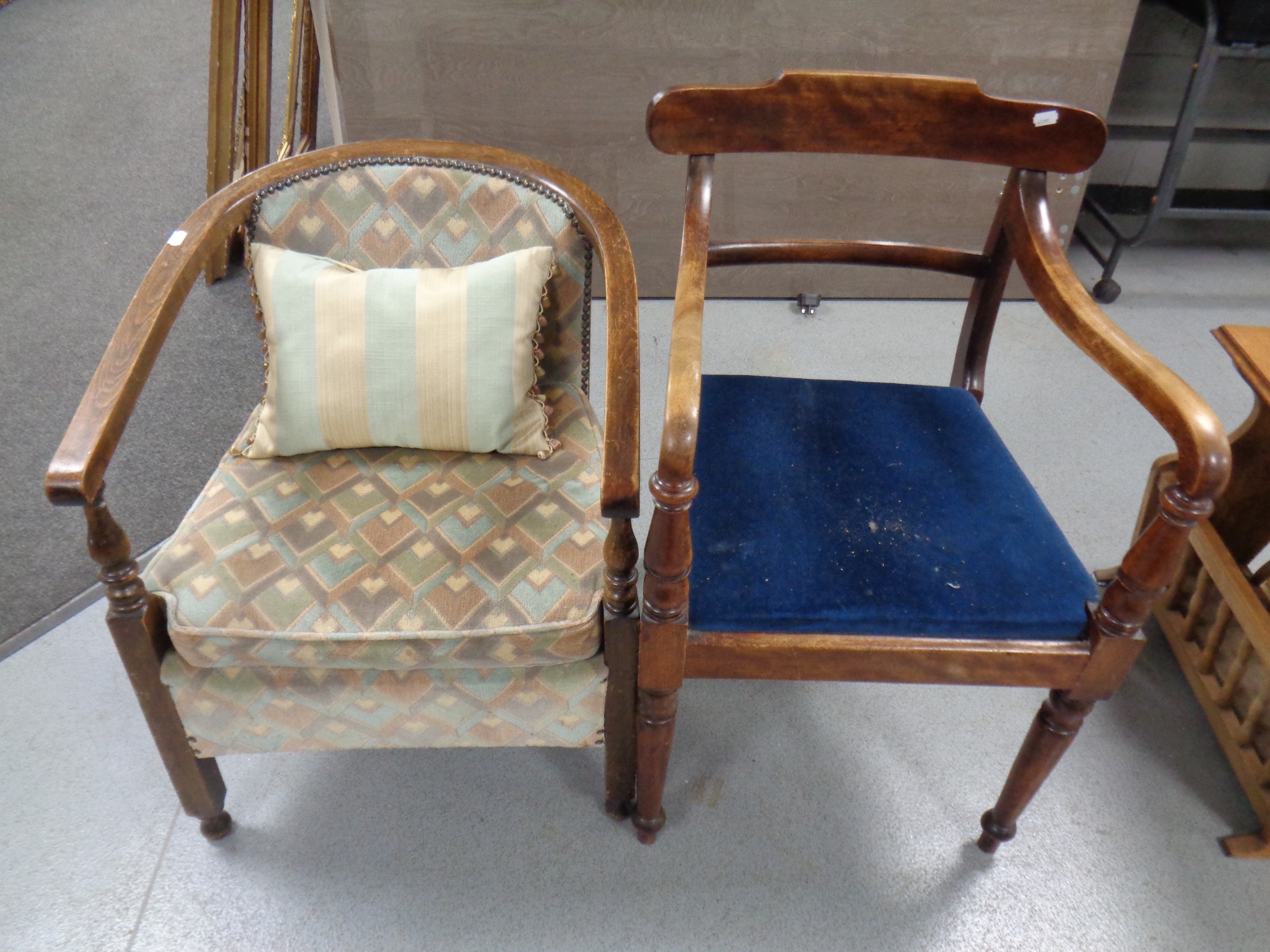 A 19th century mahogany armchair together with a 20th century beech tub chair