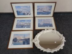 A painted chalk framed mirror together with five prints : scenes of Newcastle (framed) and two