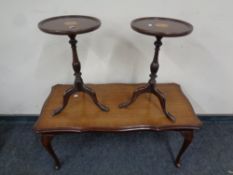 A pair of inlaid mahogany wine tables together with a similar shaped coffee table