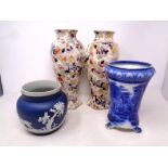 Two brown chintz vases together with an antique Maling blue and white vase and a further Jasperware